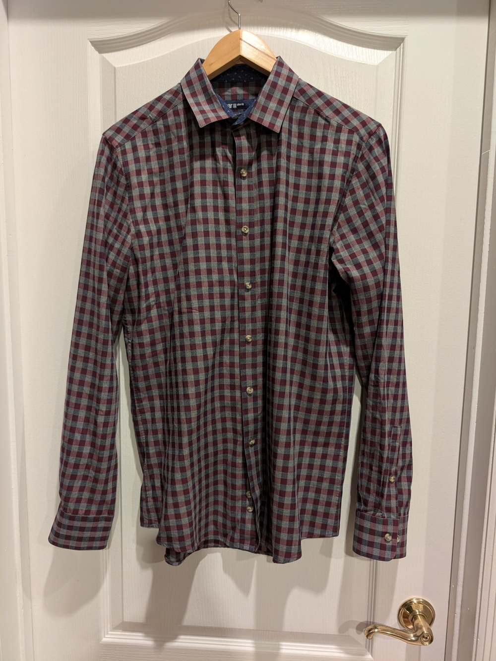 Bar III Men’s M Burgundy Gray Plaid Herringbone Cotton Button Down Shirt